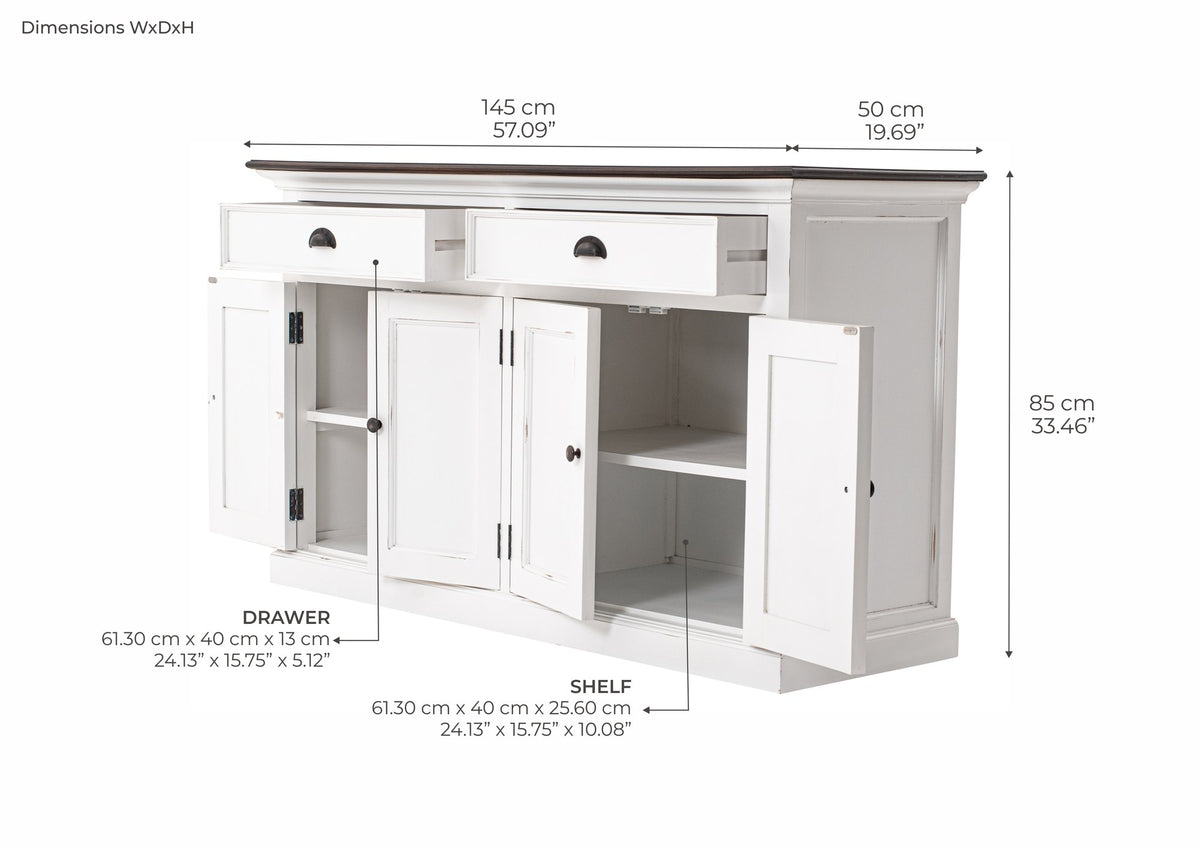 NovaSolo Halifax Accent Classic Buffet, White Distress & Deep Brown – dimensions