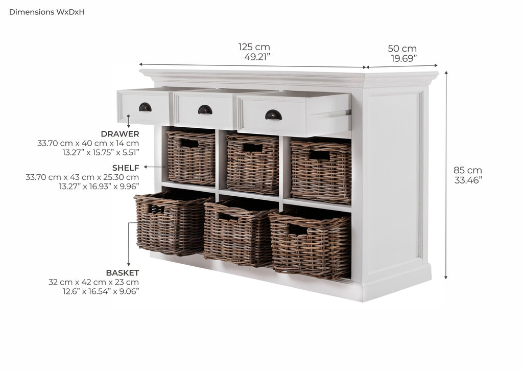 NovaSolo Halifax Buffet with 6 Baskets, Classic White – dimensions