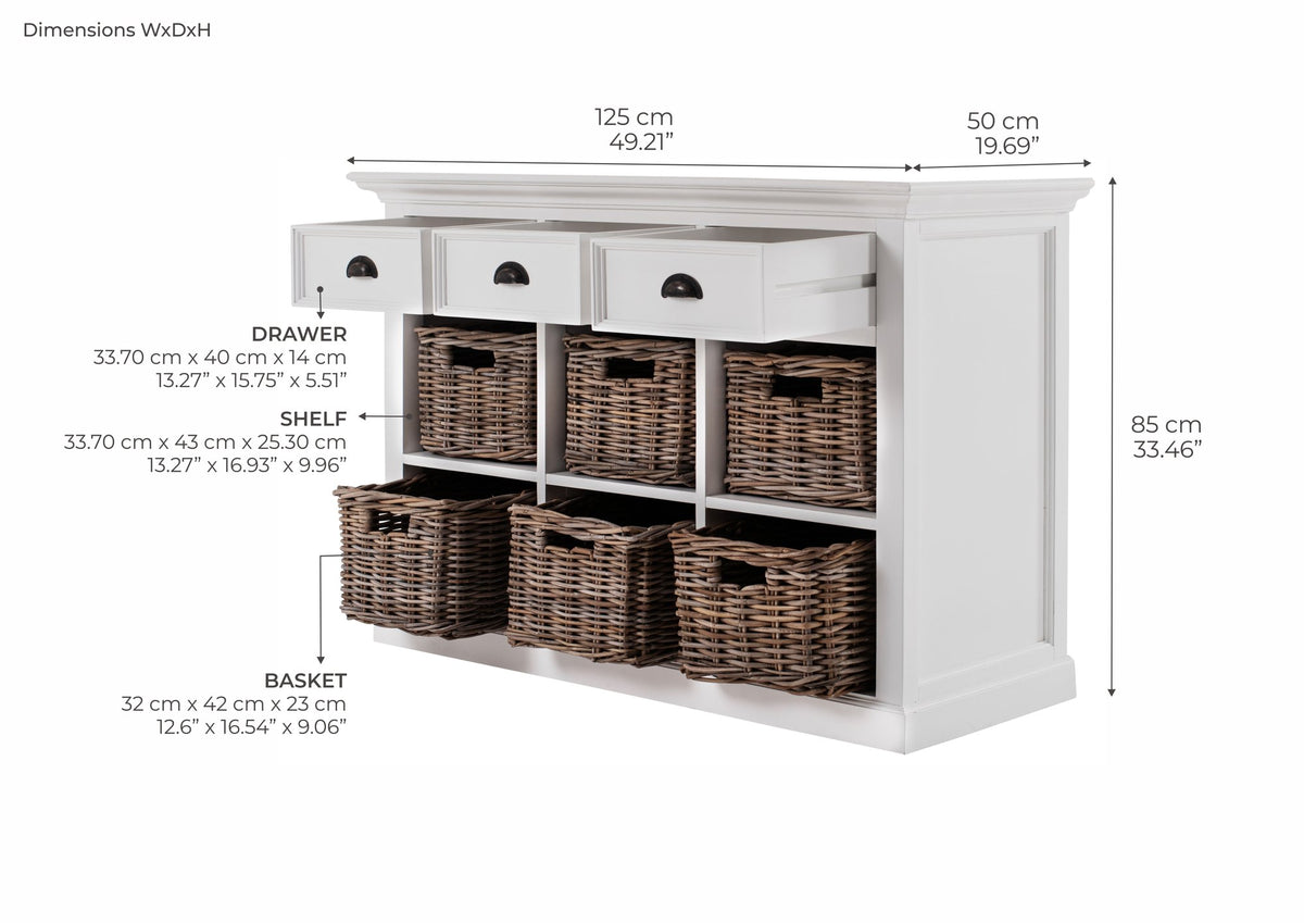 NovaSolo Halifax Buffet with 6 Baskets, Classic White – dimensions