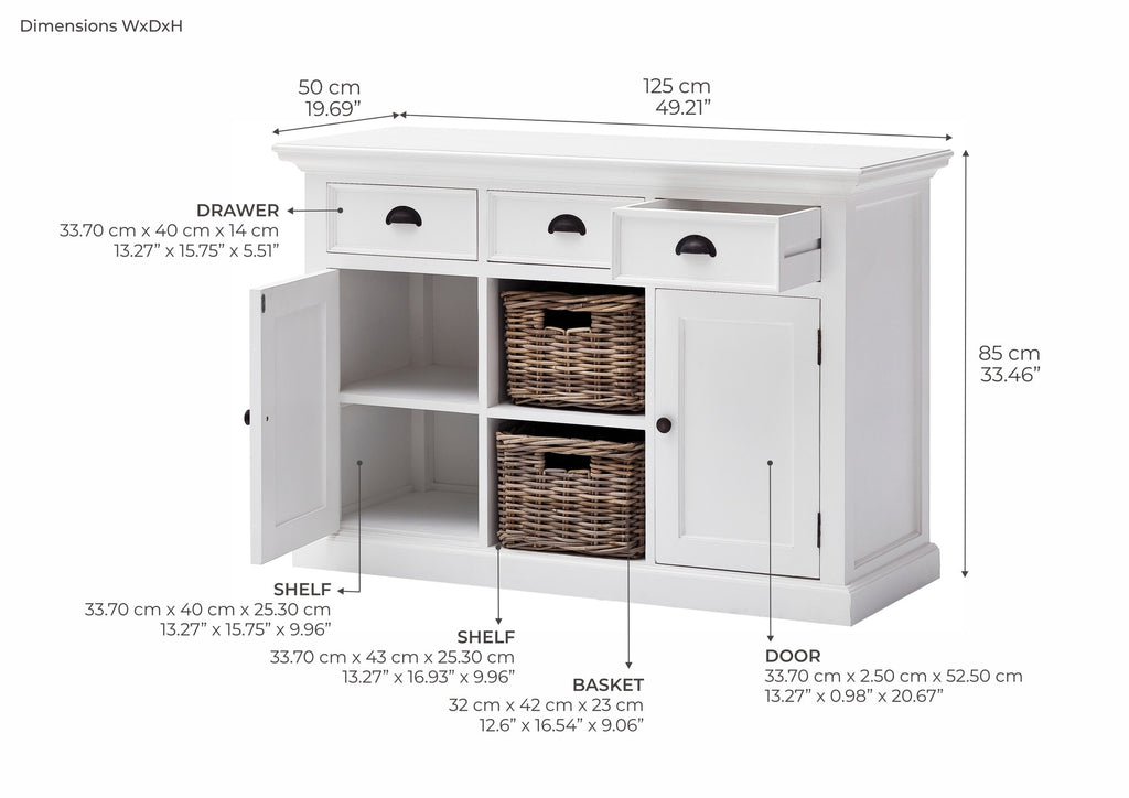 NovaSolo Halifax Buffet with 2 Baskets, Classic White – dimensions