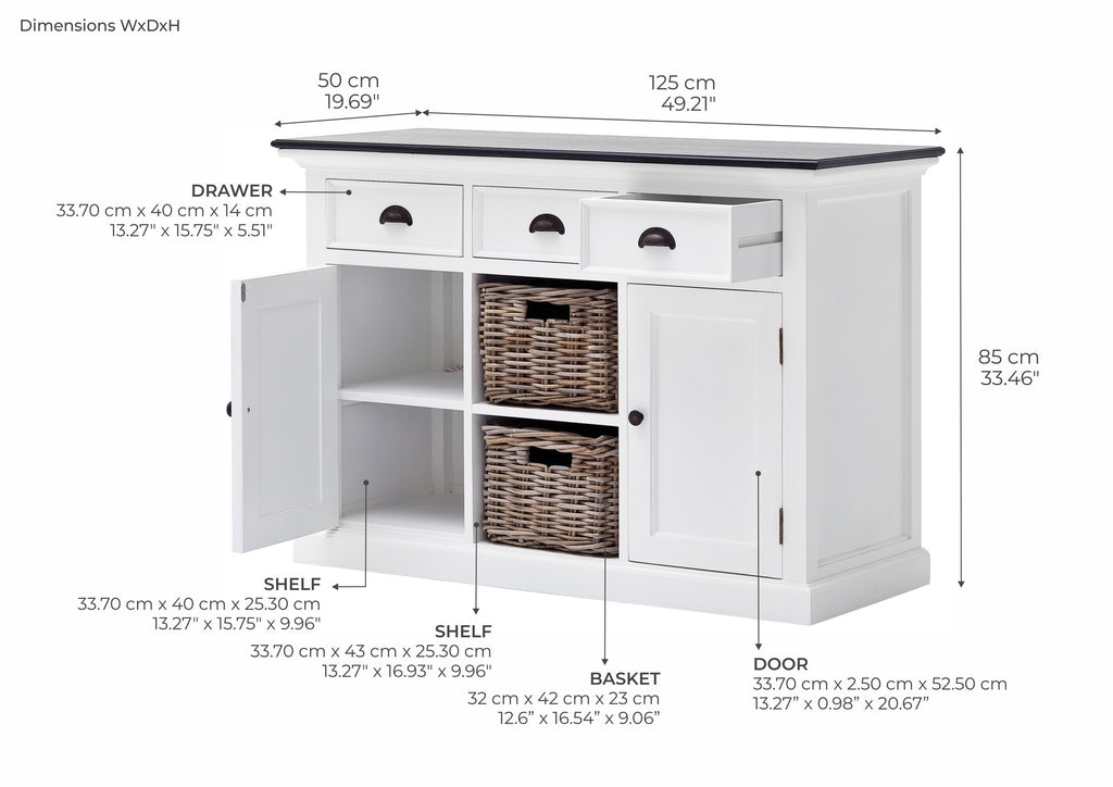 NovaSolo Halifax Contrast Buffet with 2 Baskets, Classic White & Black – dimensions