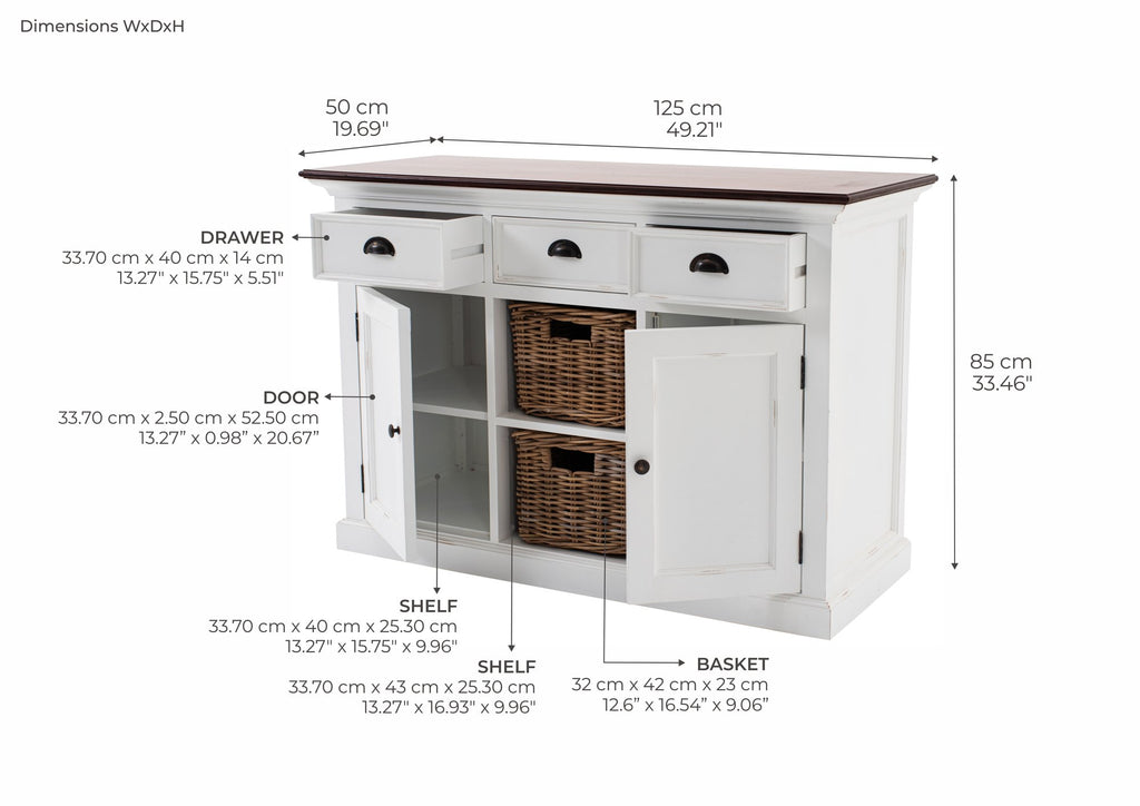 NovaSolo Halifax Accent Buffet with 2 Baskets, White Distress & Deep Brown – dimensions