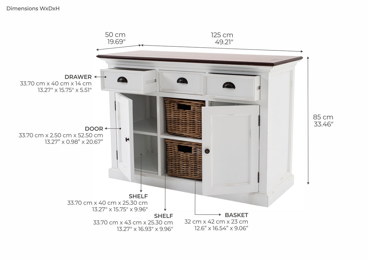 NovaSolo Halifax Accent Buffet with 2 Baskets, White Distress & Deep Brown – dimensions