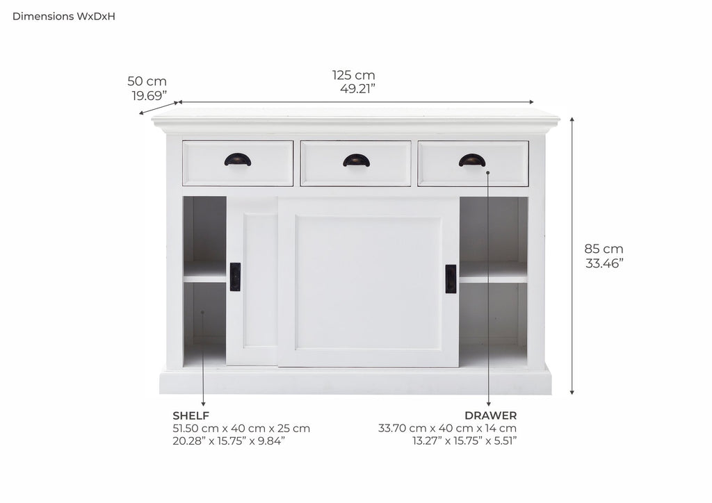 NovaSolo Halifax Buffet with Sliding Doors, Classic White – dimensions