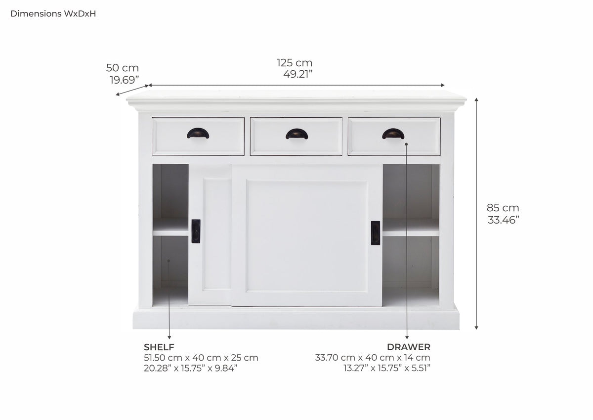 NovaSolo Halifax Buffet with Sliding Doors, Classic White – dimensions
