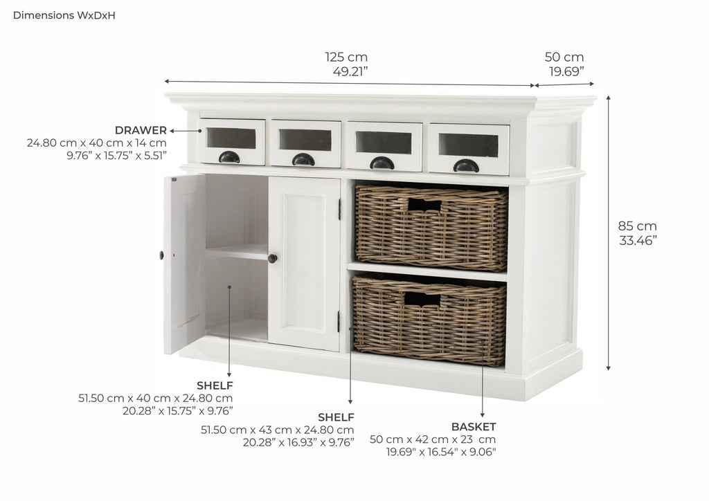 NovaSolo Halifax Dining Buffet with Basket Set, Classic White – dimensions