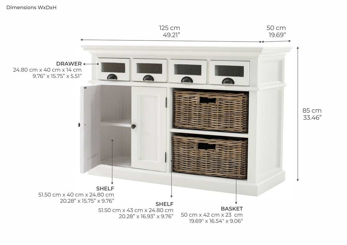 NovaSolo Halifax Dining Buffet with Basket Set, Classic White – dimensions