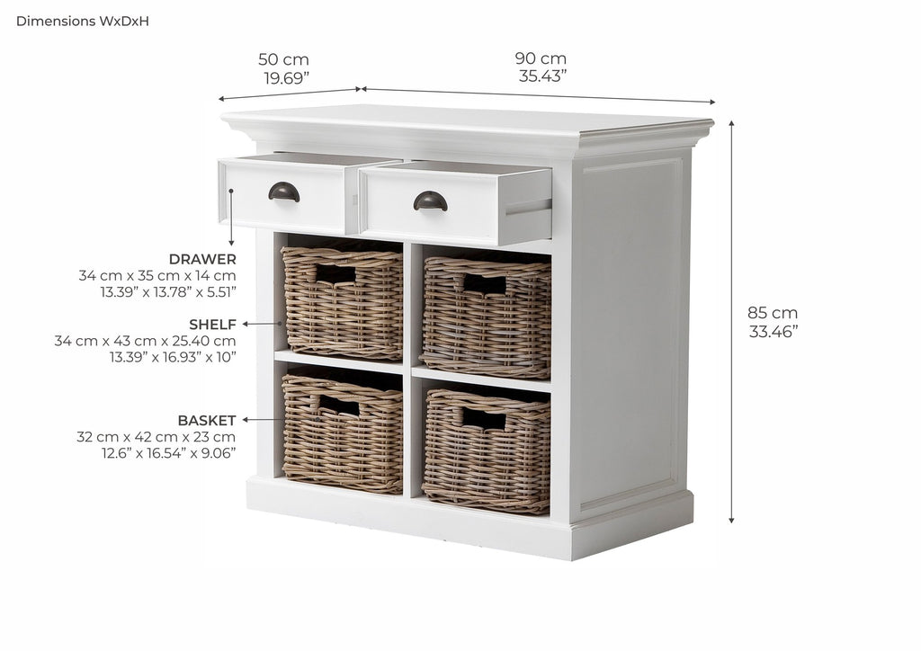 NovaSolo Halifax Medium Buffet with Basket Set, Classic White – dimensions