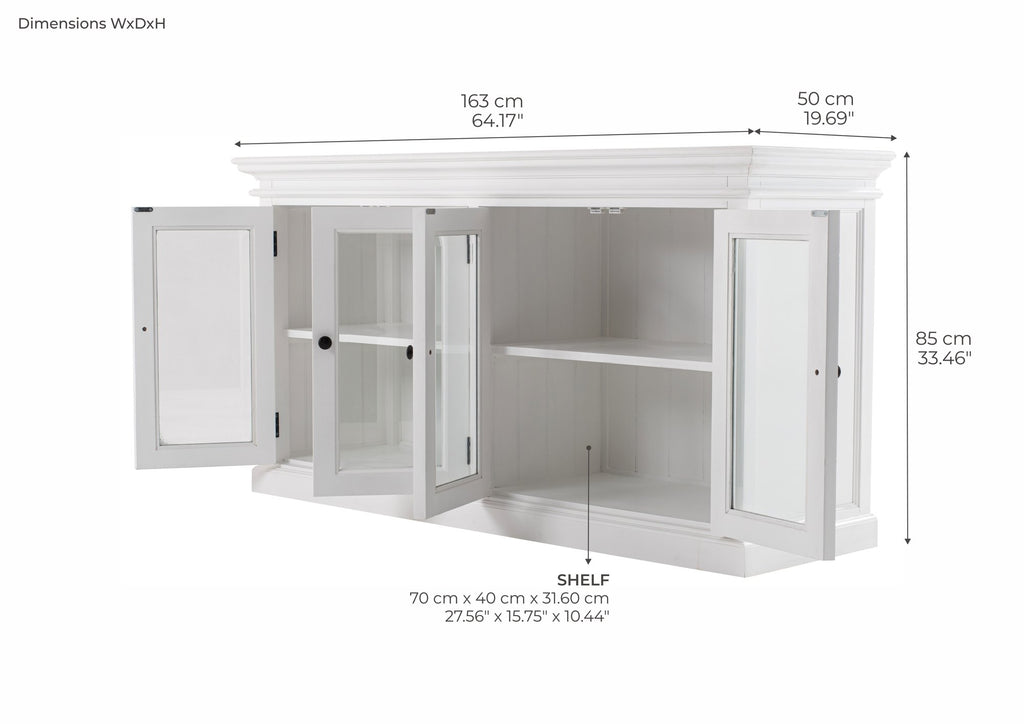 NovaSolo Halifax Display Buffet with 4 Glass Doors, Classic White – dimensions