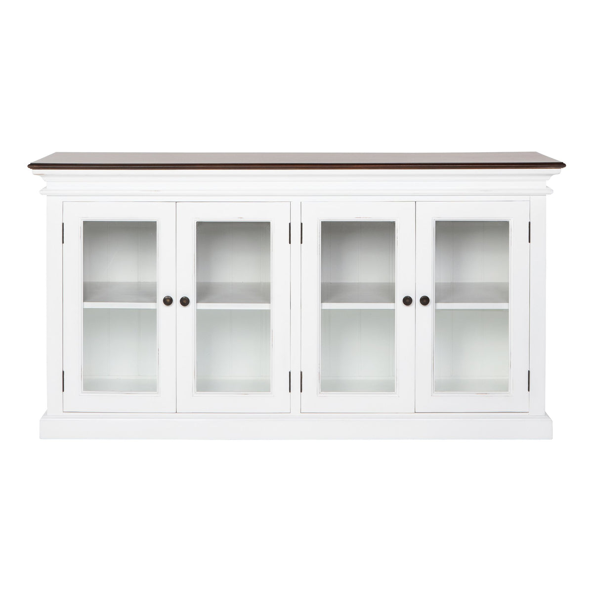 NovaSolo Halifax Accent Display Buffet with 4 Glass Doors, White Distress & Deep Brown