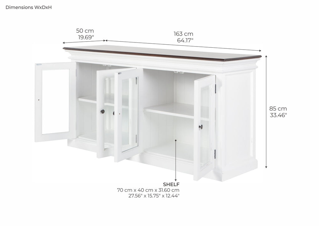 NovaSolo Halifax Accent Display Buffet with 4 Glass Doors, White Distress & Deep Brown – dimensions