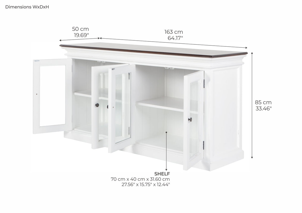 NovaSolo Halifax Accent Display Buffet with 4 Glass Doors, White Distress & Deep Brown – dimensions