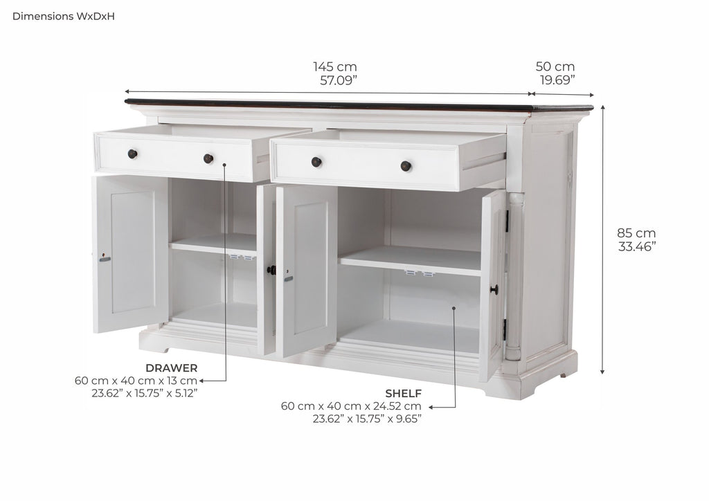 NovaSolo Provence Accent Classic Buffet, White Distress & Deep Brown – dimensions