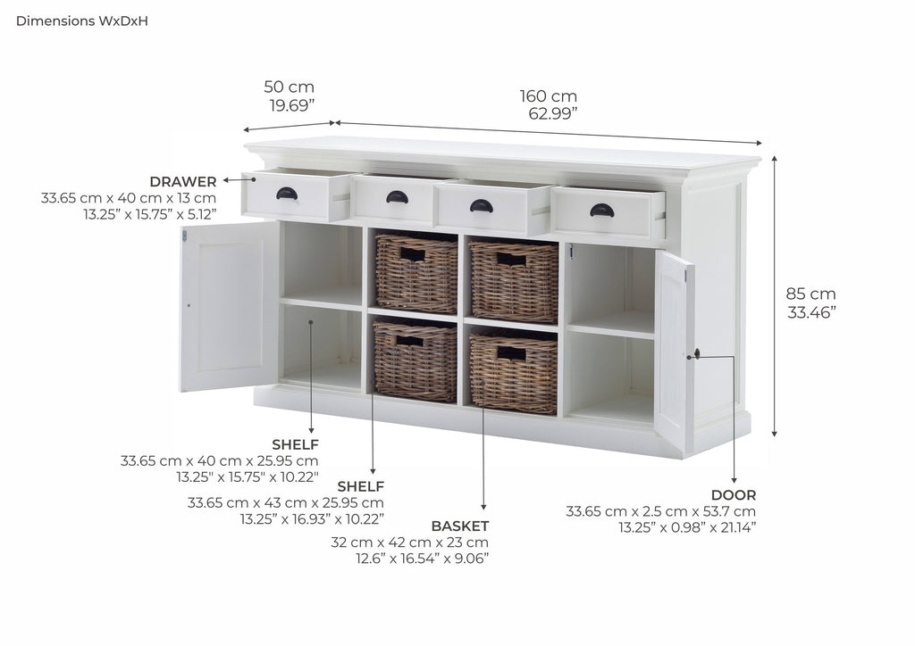 NovaSolo Halifax Buffet with 4 Baskets, Classic White – dimensions