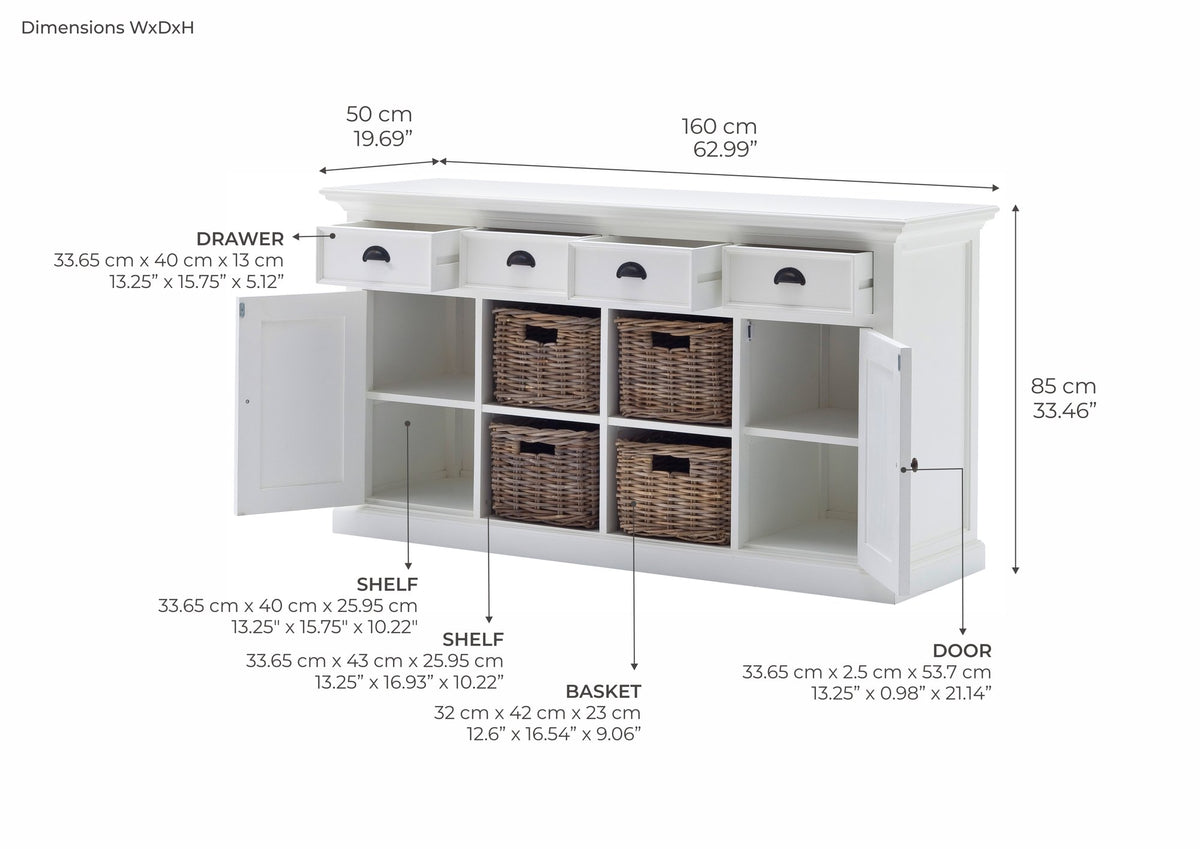NovaSolo Halifax Buffet with 4 Baskets, Classic White – dimensions