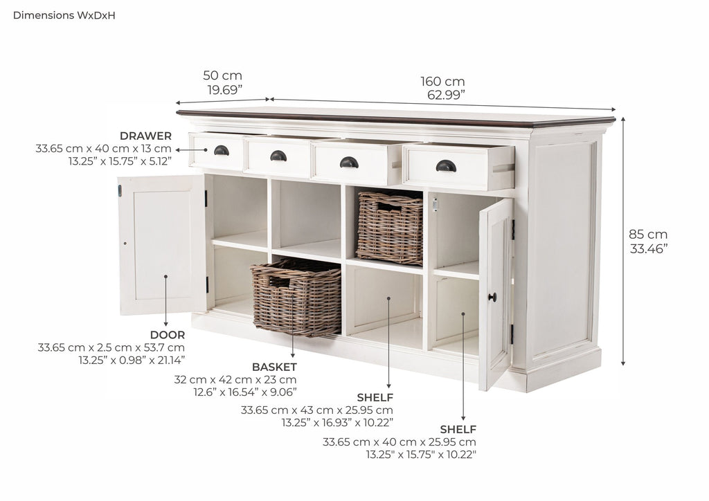NovaSolo Halifax Accent Buffet with 4 Baskets, White Distress & Deep Brown – dimensions