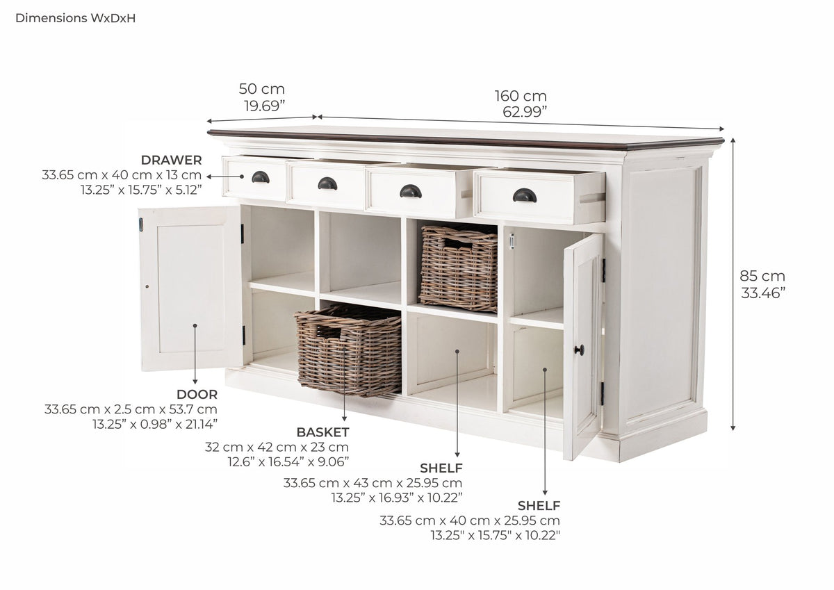 NovaSolo Halifax Accent Buffet with 4 Baskets, White Distress & Deep Brown – dimensions