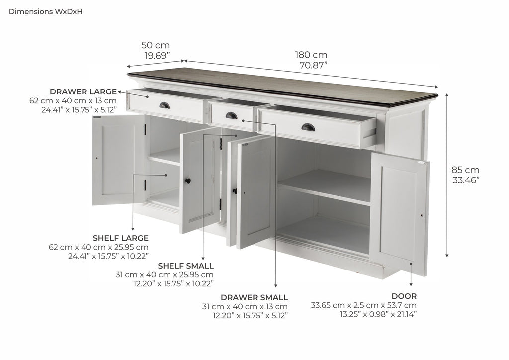 NovaSolo Halifax Accent Buffet, White Distress & Deep Brown – dimensions