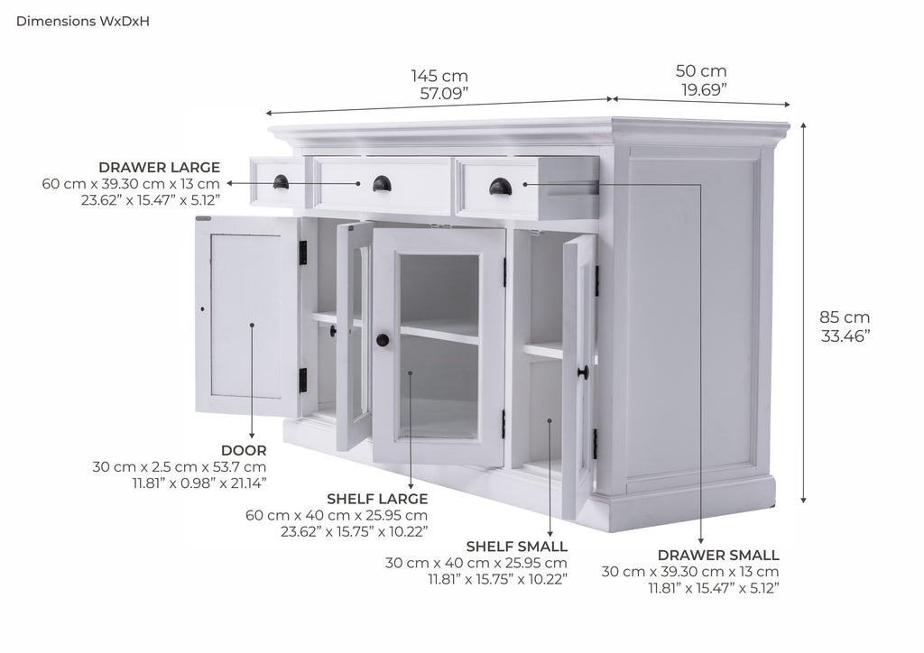 NovaSolo Halifax Buffet with 4 Doors 3 Drawers, Classic White – dimensions
