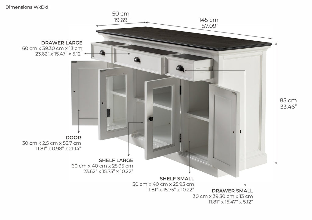 NovaSolo Halifax Contrast Buffet with 4 Doors 3 Drawers, Classic White & Black – dimensions