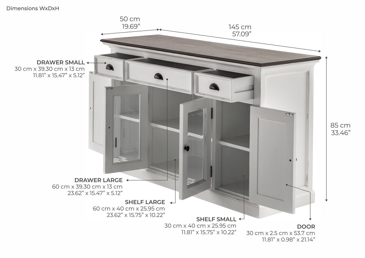 NovaSolo Halifax Accent Buffet with 4 Doors 3 Drawers, White Distress & Deep Brown – dimensions