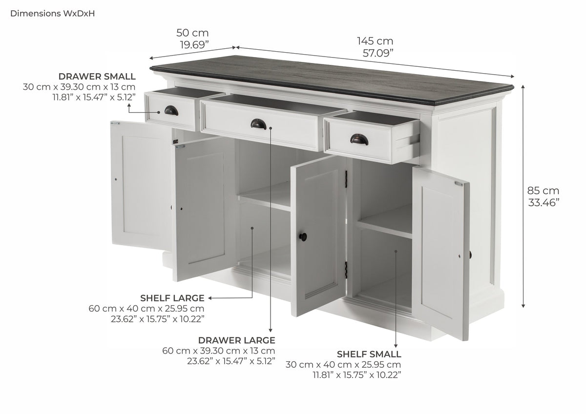 NovaSolo Halifax Contrast Buffet with 4 Doors 3 Drawers, Classic White & Black – dimensions