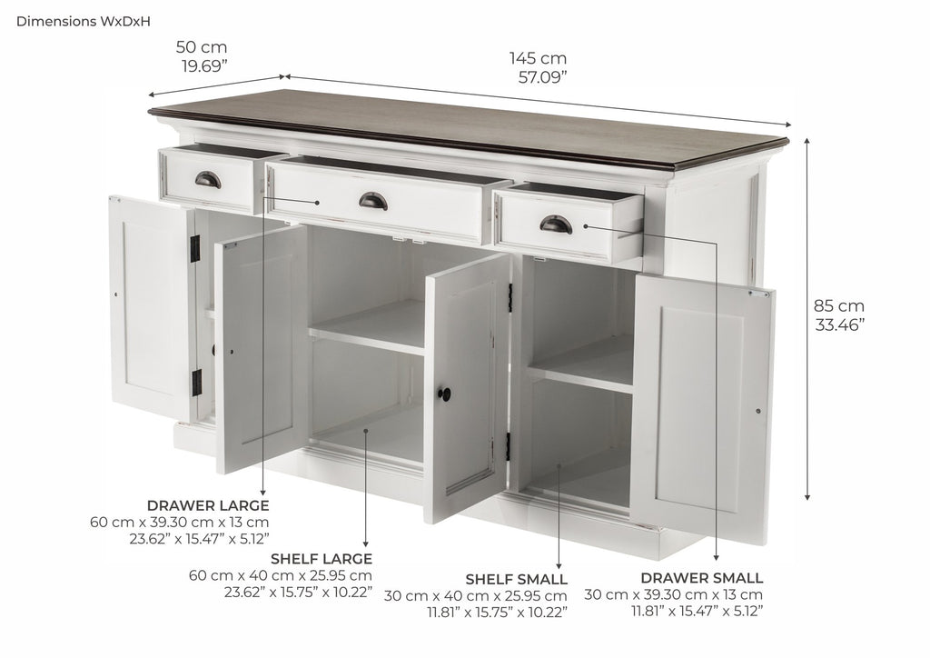 NovaSolo Halifax Accent Buffet with 4 Doors 3 Drawers, White Distress & Deep Brown – dimensions