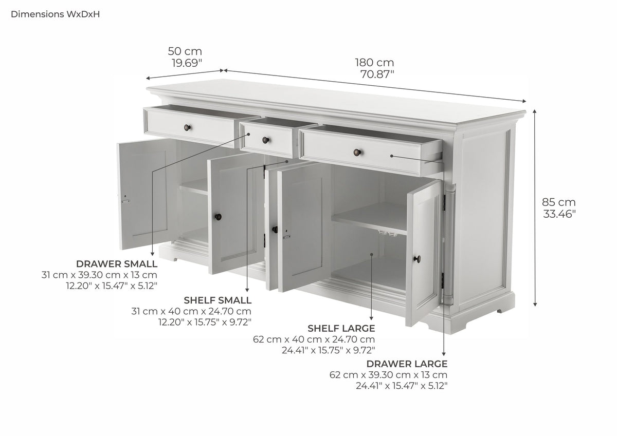 NovaSolo Provence Buffet with 5 Doors, Classic White – dimensions