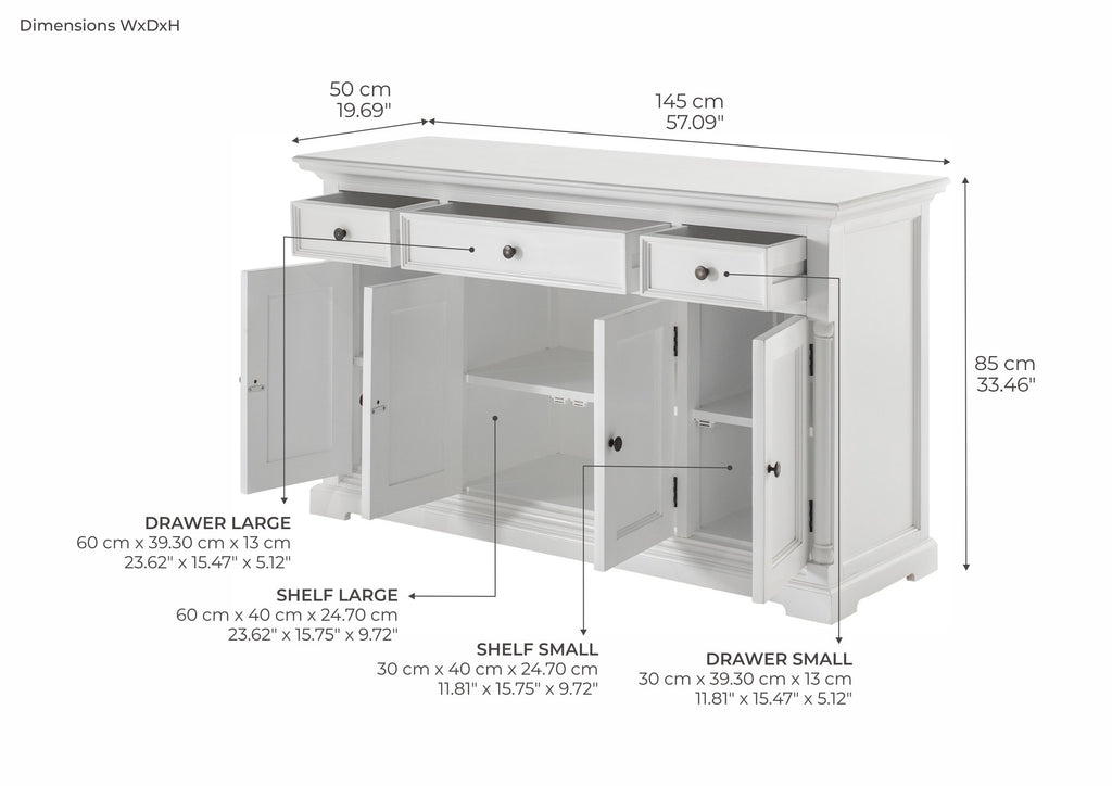 NovaSolo Provence Buffet with 4 Doors 3 Drawers, Classic White – dimensions