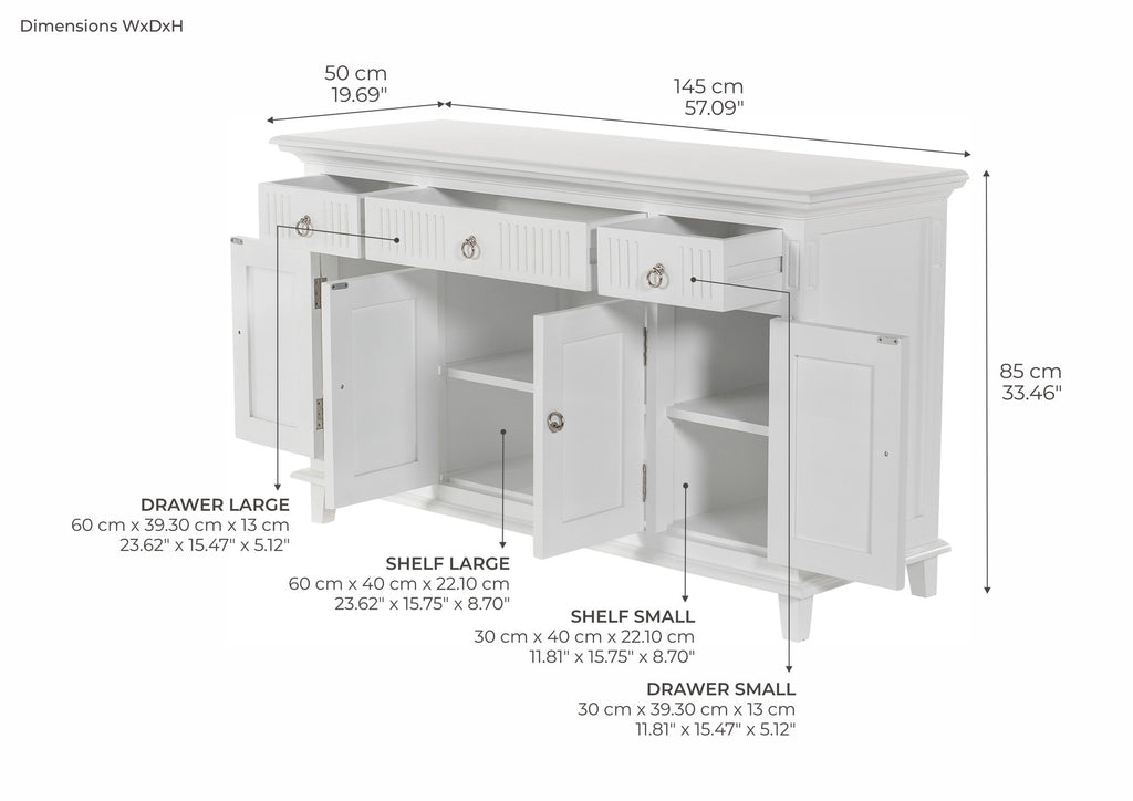 NovaSolo Skansen Buffet with 4 Doors 3 Drawers, Classic White – dimensions