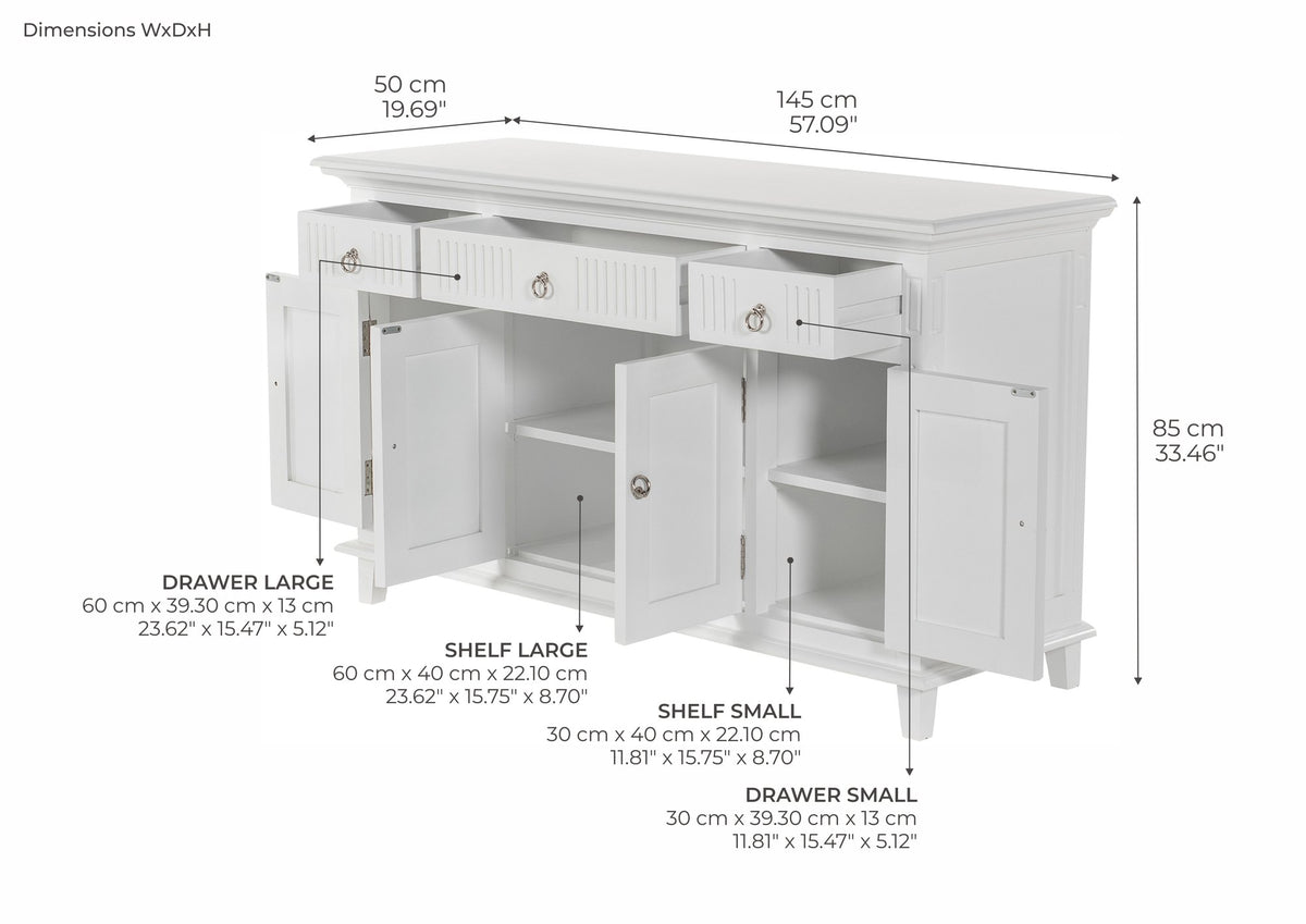 NovaSolo Skansen Buffet with 4 Doors 3 Drawers, Classic White – dimensions