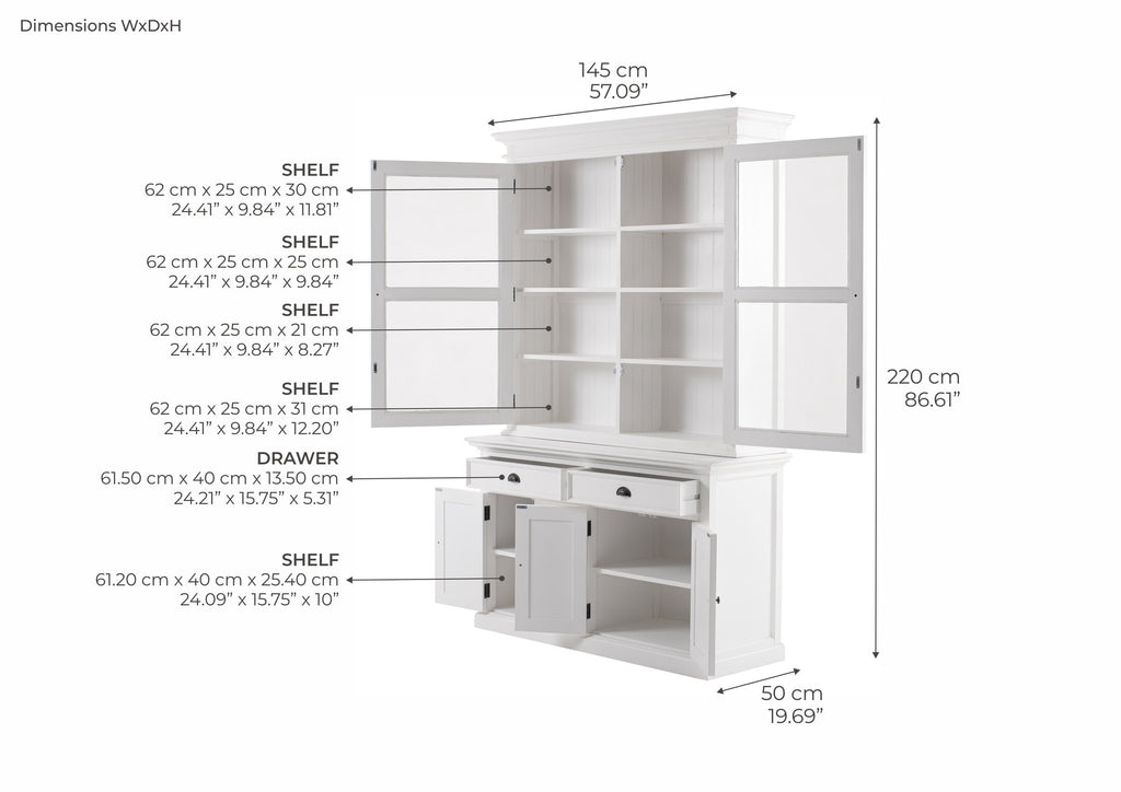 NovaSolo Halifax Glass-Display Hutch Unit, Classic White – dimensions