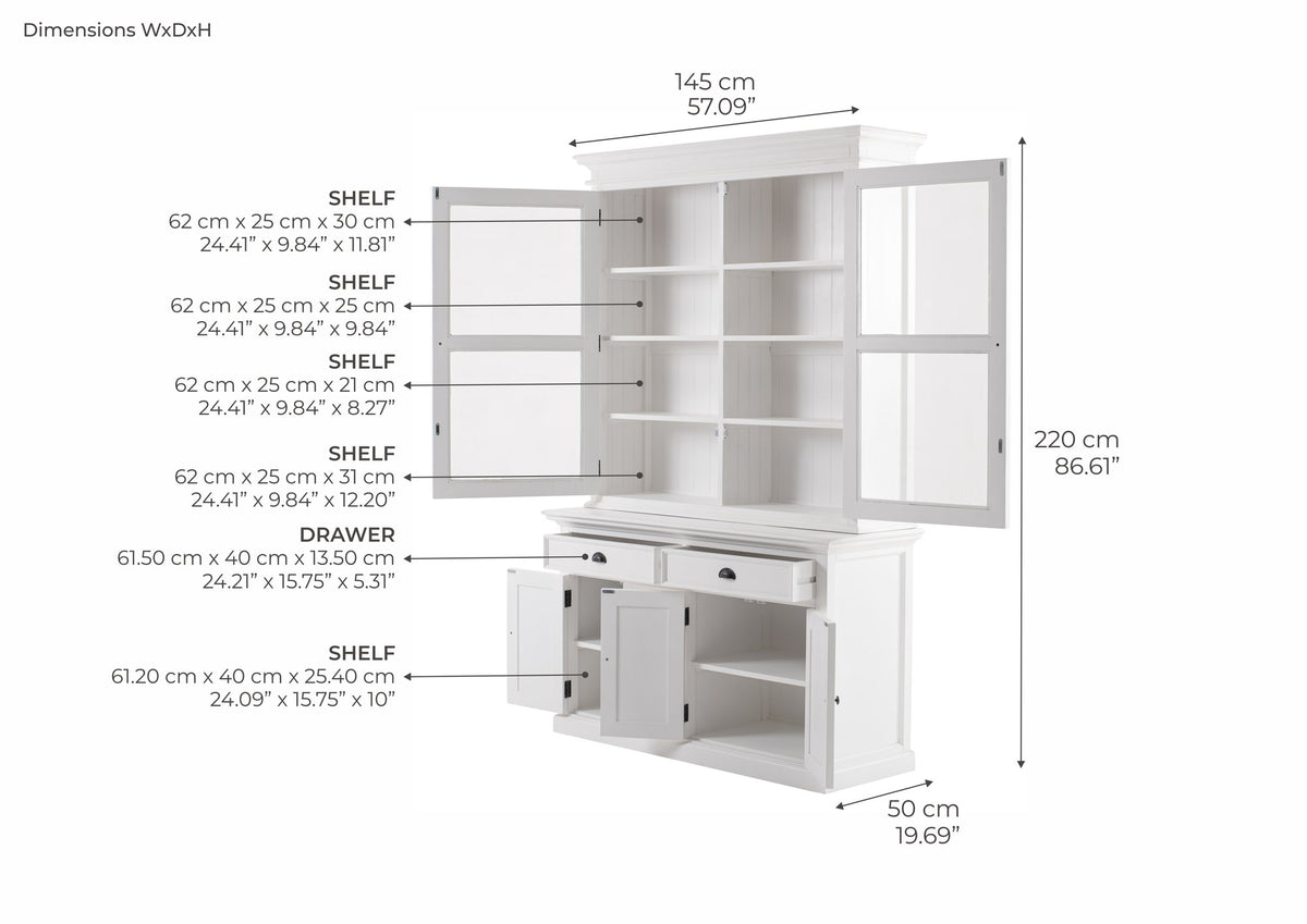 NovaSolo Halifax Glass-Display Hutch Unit, Classic White – dimensions