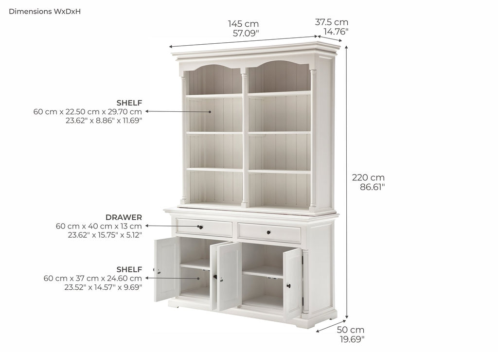 NovaSolo Provence Hutch Cabinet, Classic White – dimensions