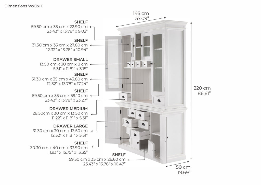 NovaSolo Halifax Glass Door Dining Hutch Unit, Classic White – dimensions
