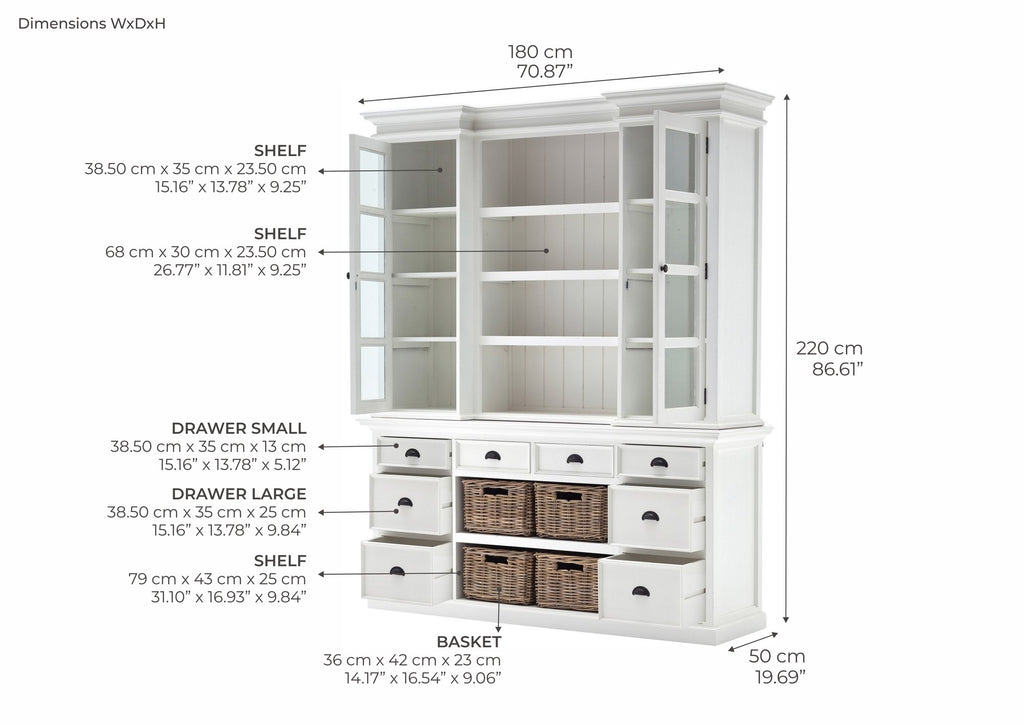 NovaSolo Halifax Library Hutch with Basket Set, Classic White – dimensions