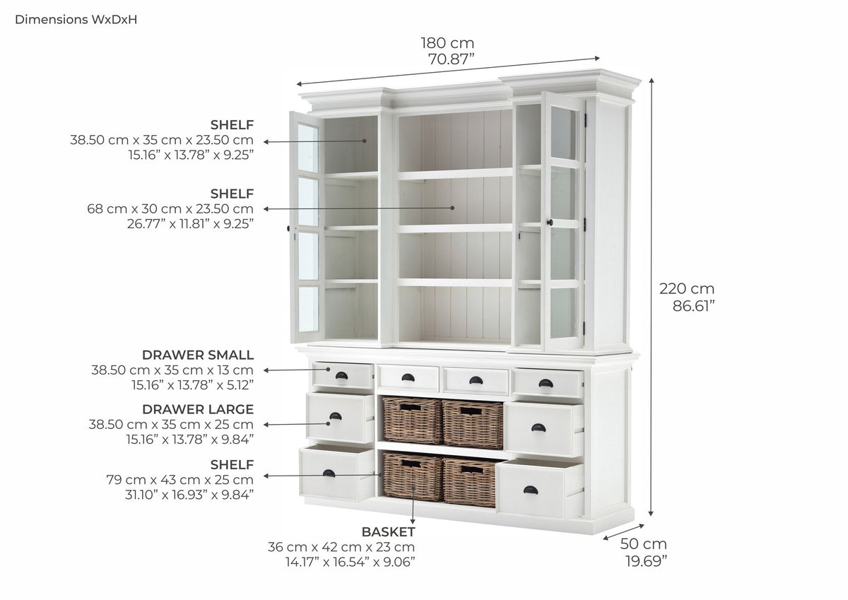 NovaSolo Halifax Library Hutch with Basket Set, Classic White – dimensions