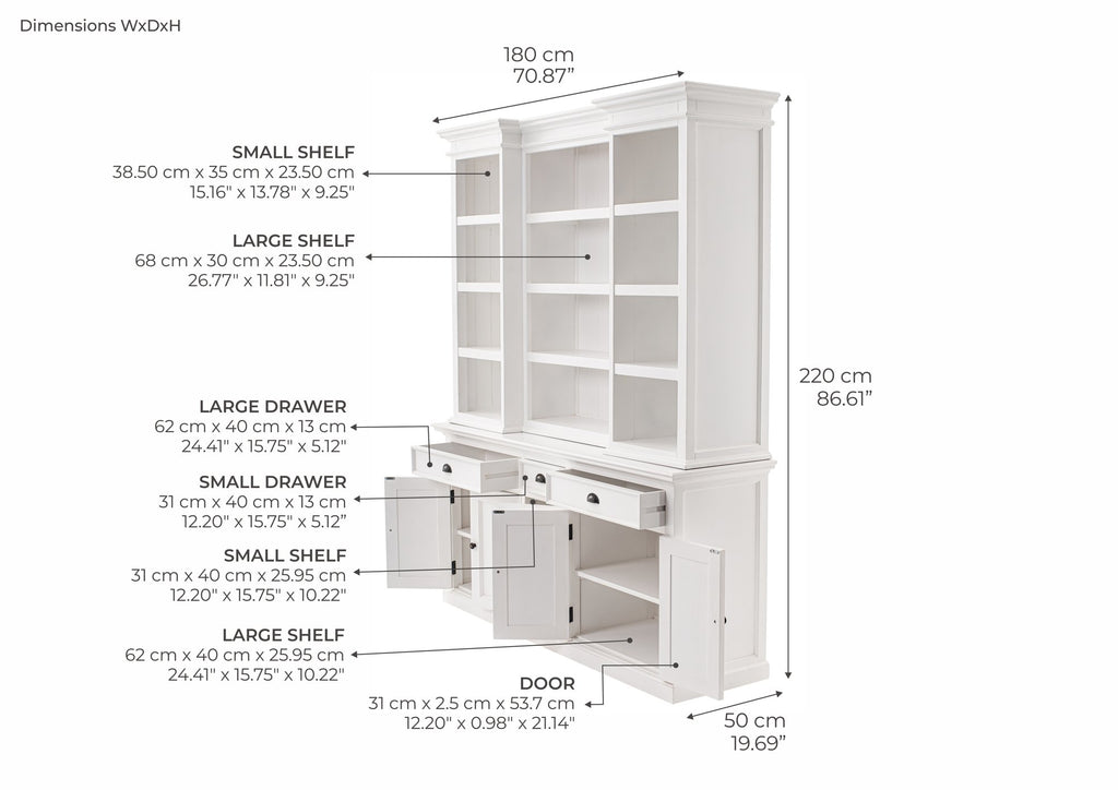 NovaSolo Halifax Hutch Cabinet with 5 Doors 3 Drawers, Classic White – dimensions