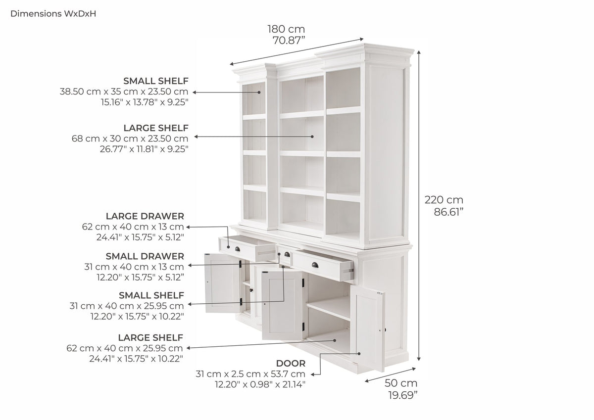 NovaSolo Halifax Hutch Cabinet with 5 Doors 3 Drawers, Classic White – dimensions