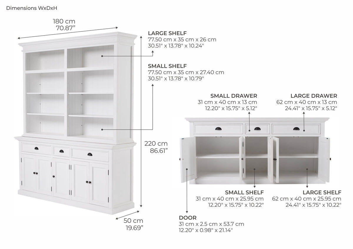 NovaSolo Halifax Hutch Bookcase 5 Doors 3 Drawers, Classic White – dimensions