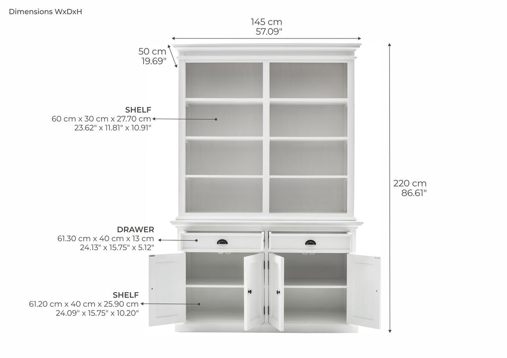 NovaSolo Halifax Buffet Hutch Unit with 8 Shelves, Classic White – dimensions