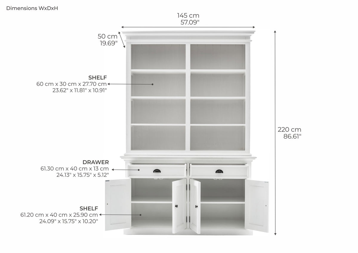 NovaSolo Halifax Buffet Hutch Unit with 8 Shelves, Classic White – dimensions
