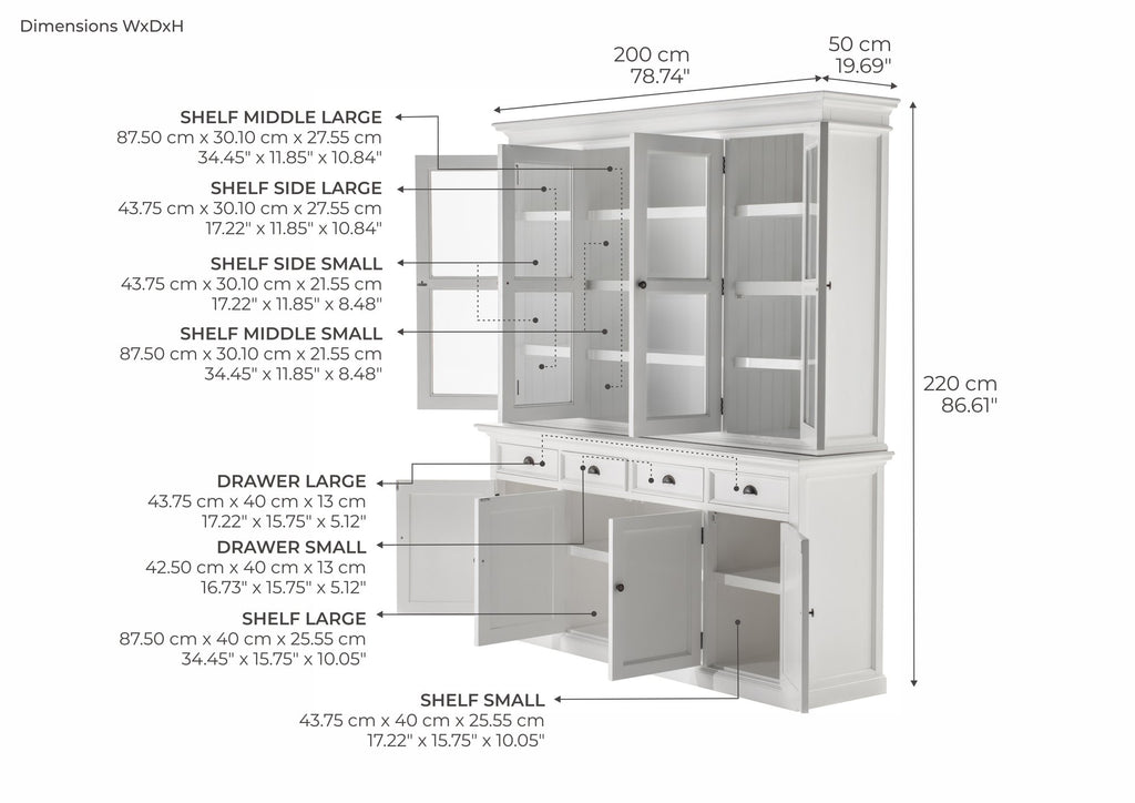 NovaSolo Halifax Buffet Hutch Unit with 4 Glass Doors, Classic White – dimensions