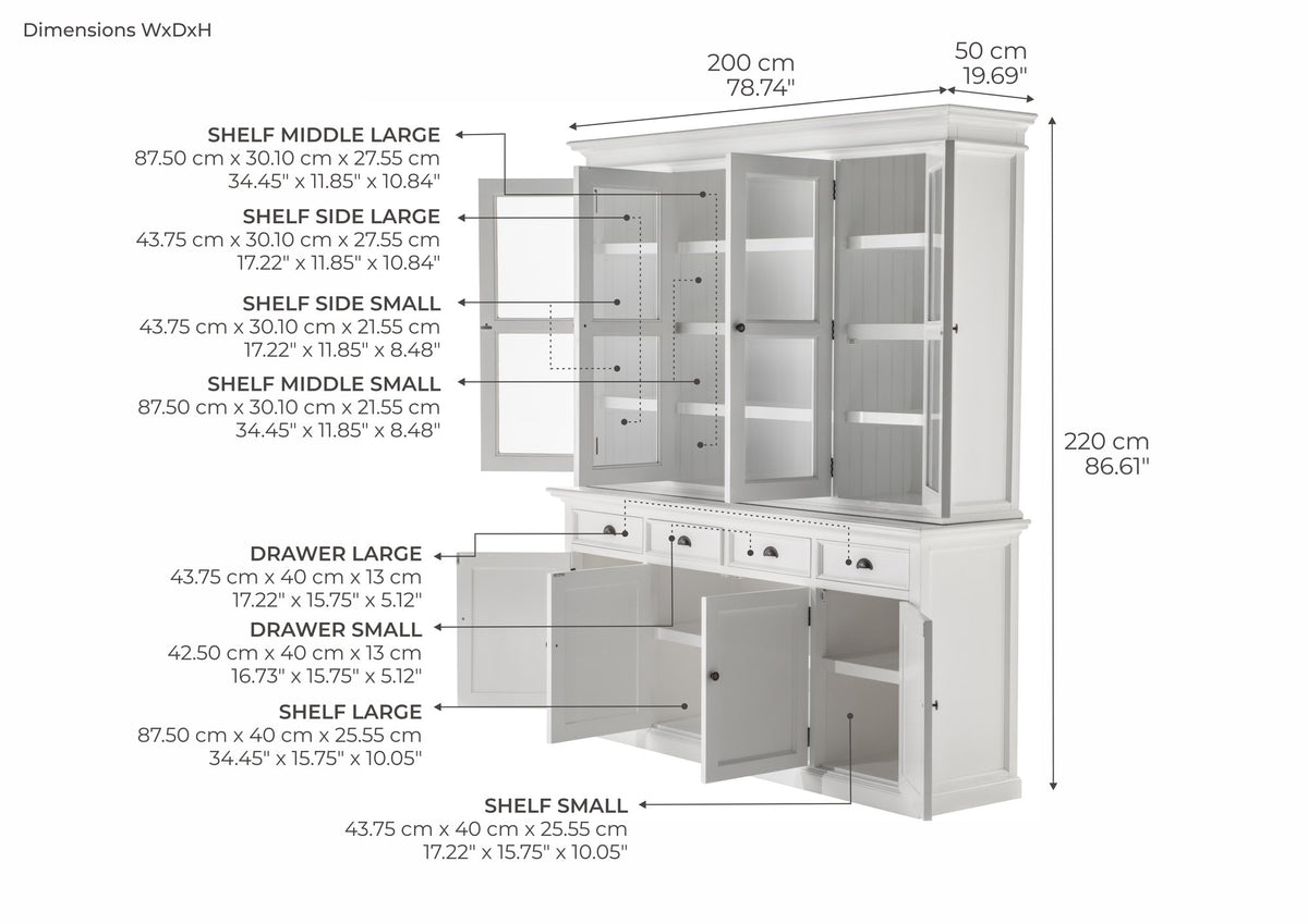 NovaSolo Halifax Buffet Hutch Unit with 4 Glass Doors, Classic White – dimensions