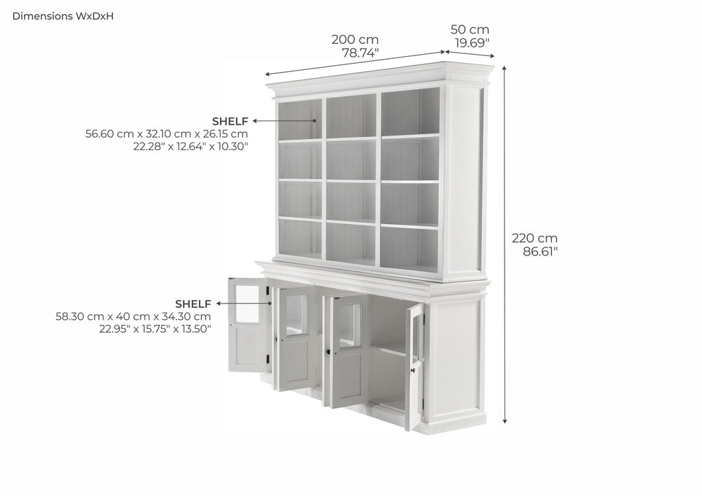 NovaSolo Halifax Hutch Unit with 6 Glass Doors, Classic White – dimensions