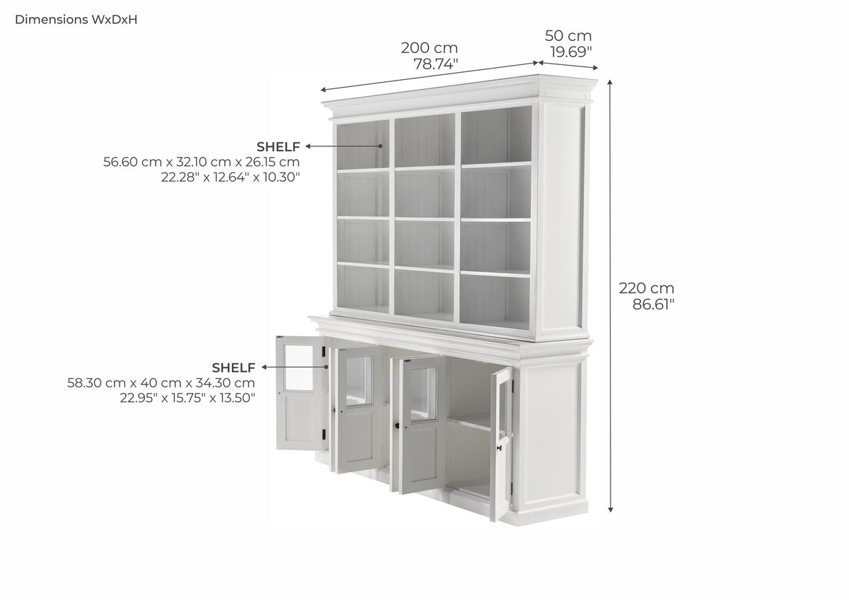 NovaSolo Halifax Hutch Unit with 6 Glass Doors, Classic White – dimensions
