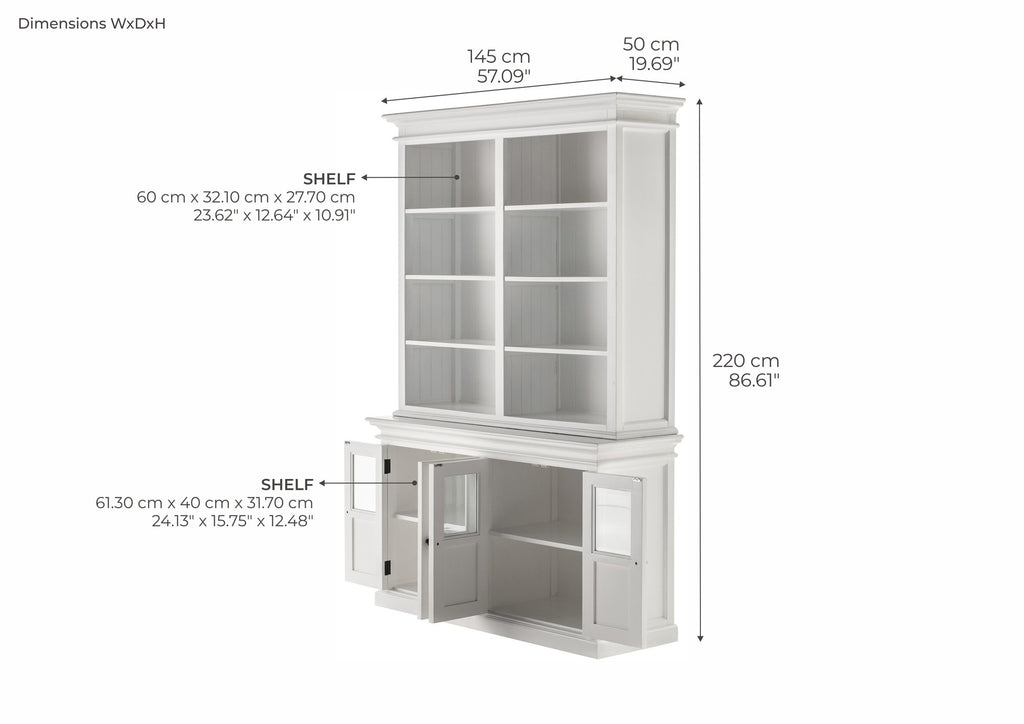 NovaSolo Halifax Hutch Unit with 4 Glass Doors, Classic White – dimensions