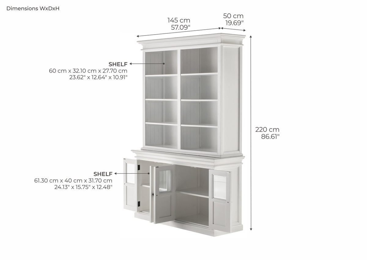 NovaSolo Halifax Hutch Unit with 4 Glass Doors, Classic White – dimensions