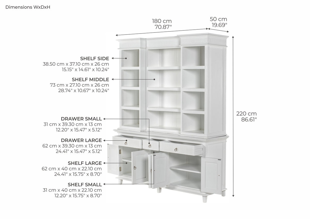 NovaSolo Skansen Hutch Cabinet with 5 Doors 3 Drawers, Classic White – dimensions