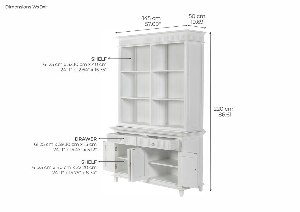 NovaSolo Skansen Hutch Unit with 6 Shelves, Classic White – dimensions
